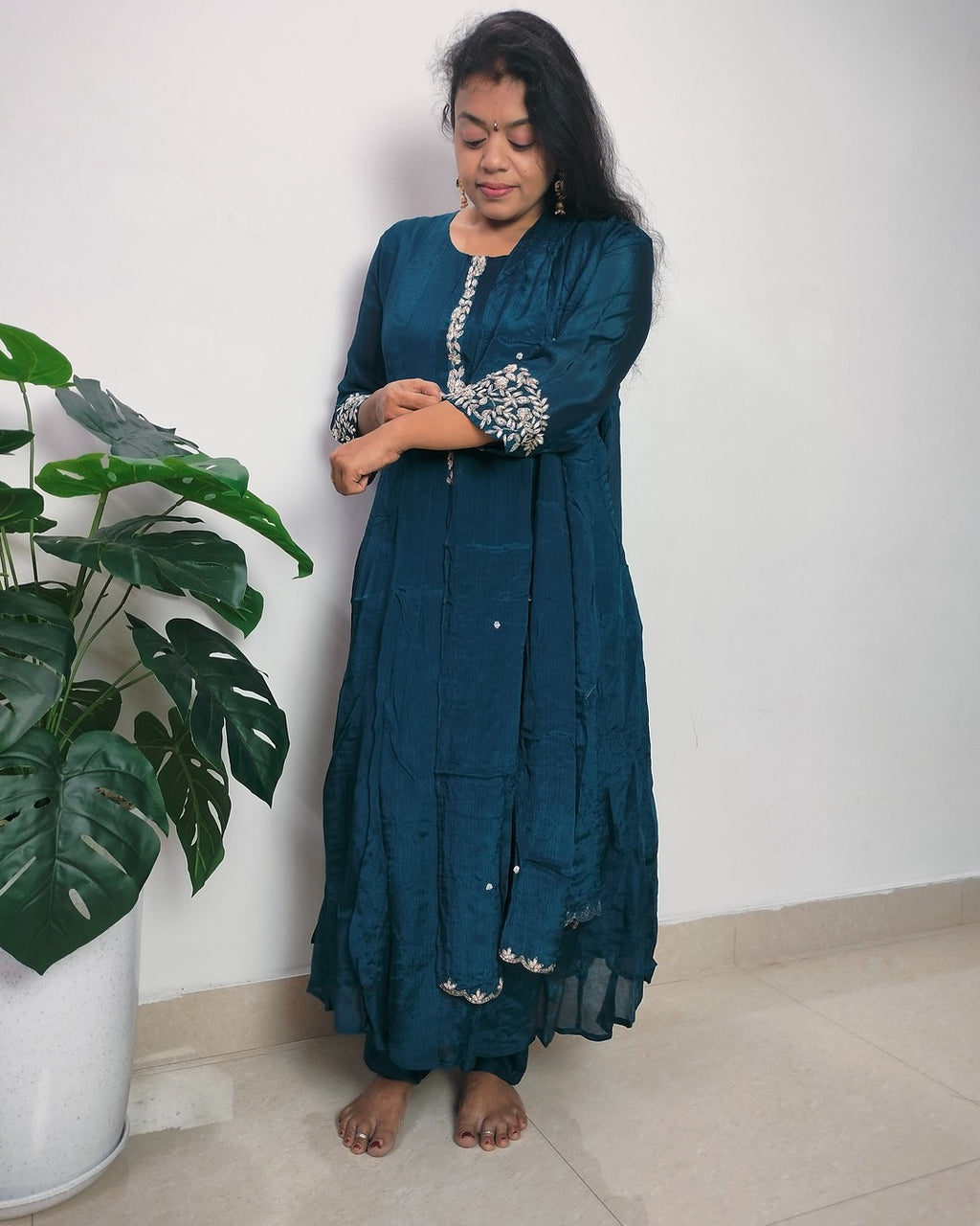 Teal color pure Chinon 3 piece Anarkali suit set