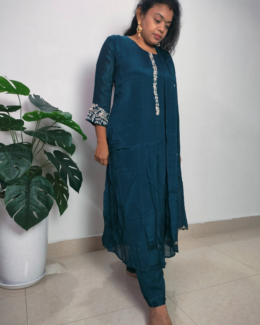 Teal color pure Chinon 3 piece Anarkali suit set