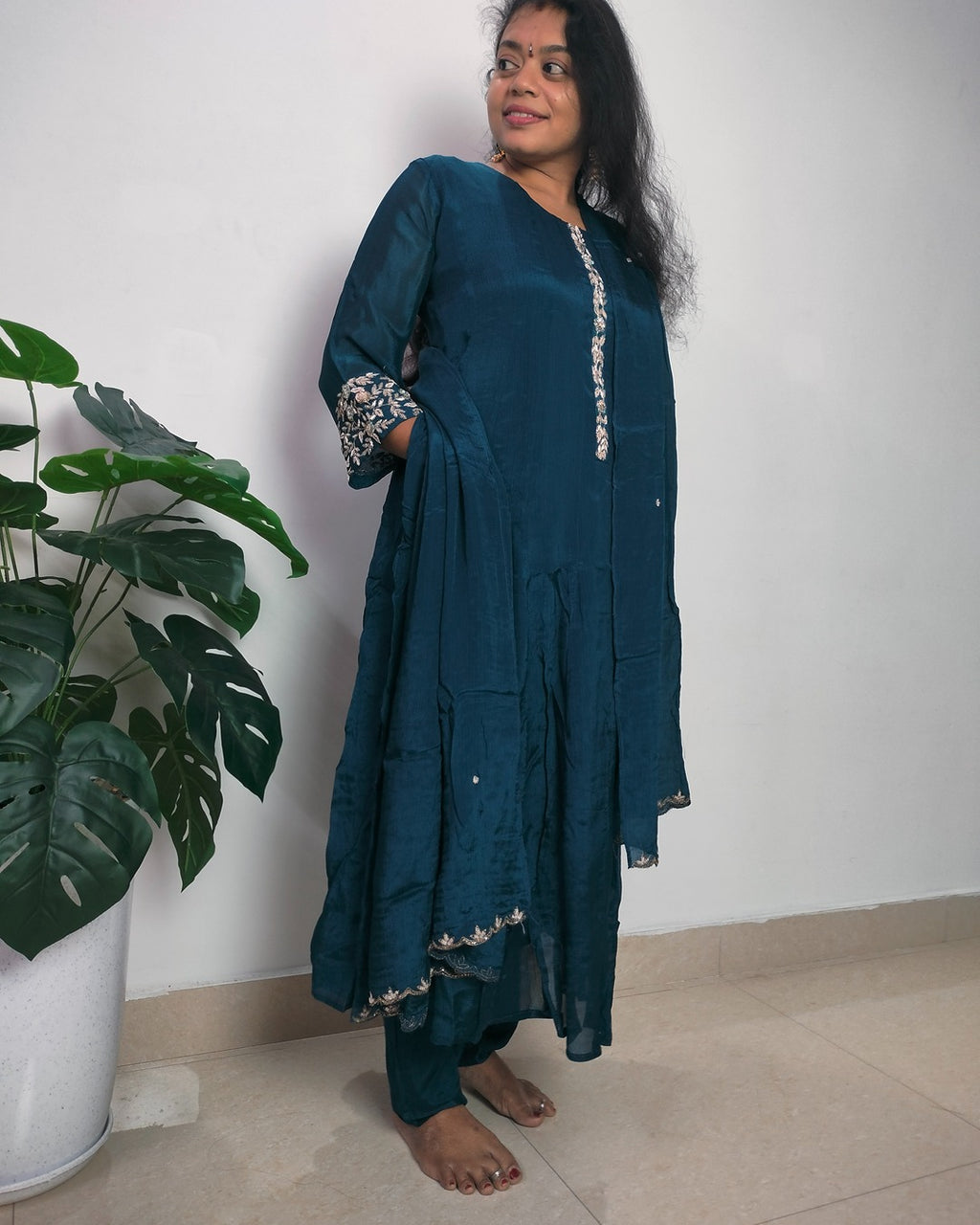 Teal color pure Chinon 3 piece Anarkali suit set