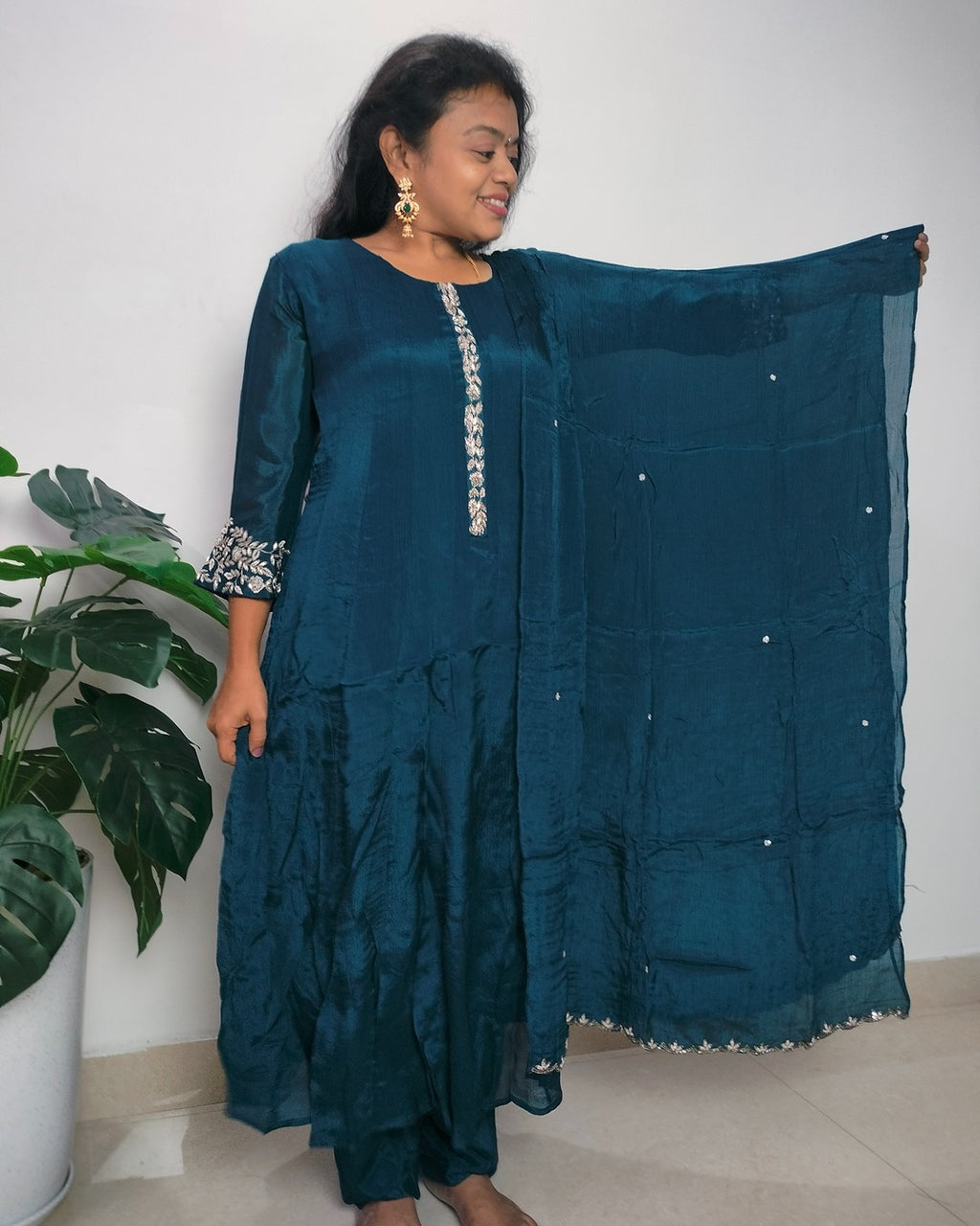 Teal color pure Chinon 3 piece Anarkali suit set