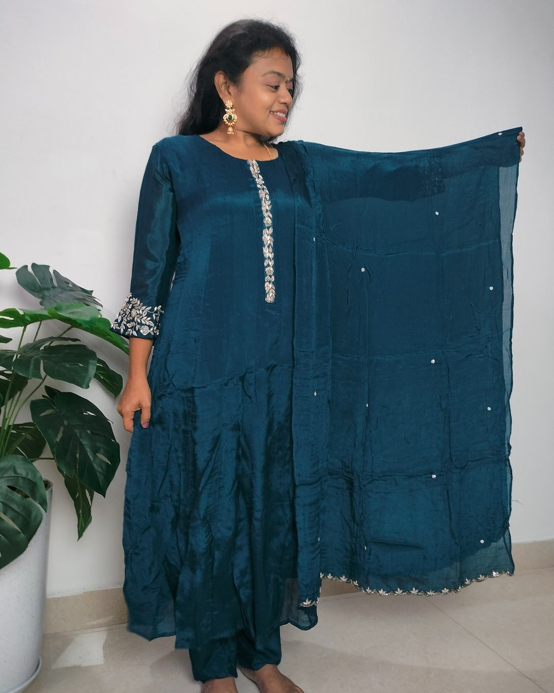 Teal color pure Chinon 3 piece Anarkali suit set