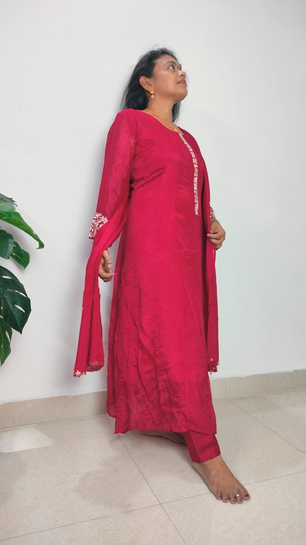 Dark Pink color pure Chinon 3 piece Anarkali suit set