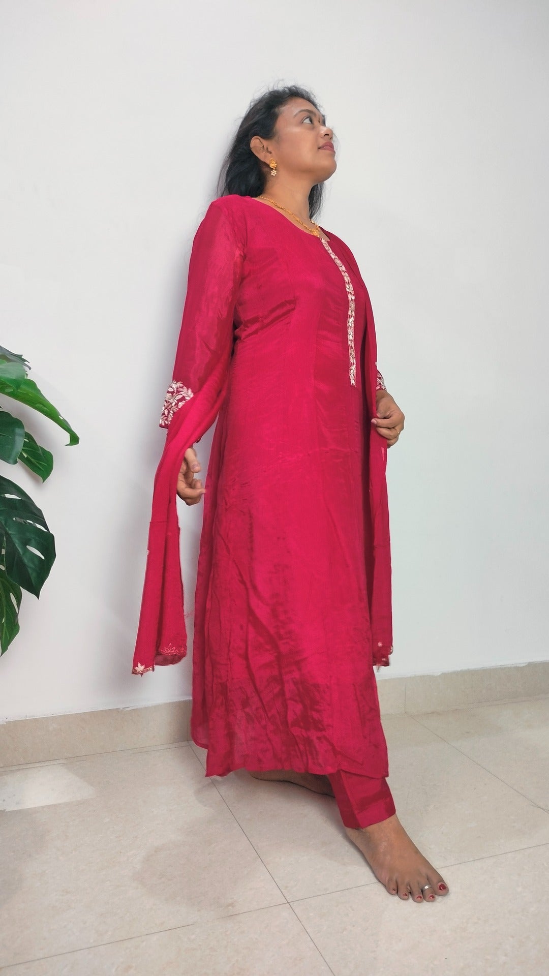 Dark Pink color pure Chinon 3 piece Anarkali suit set