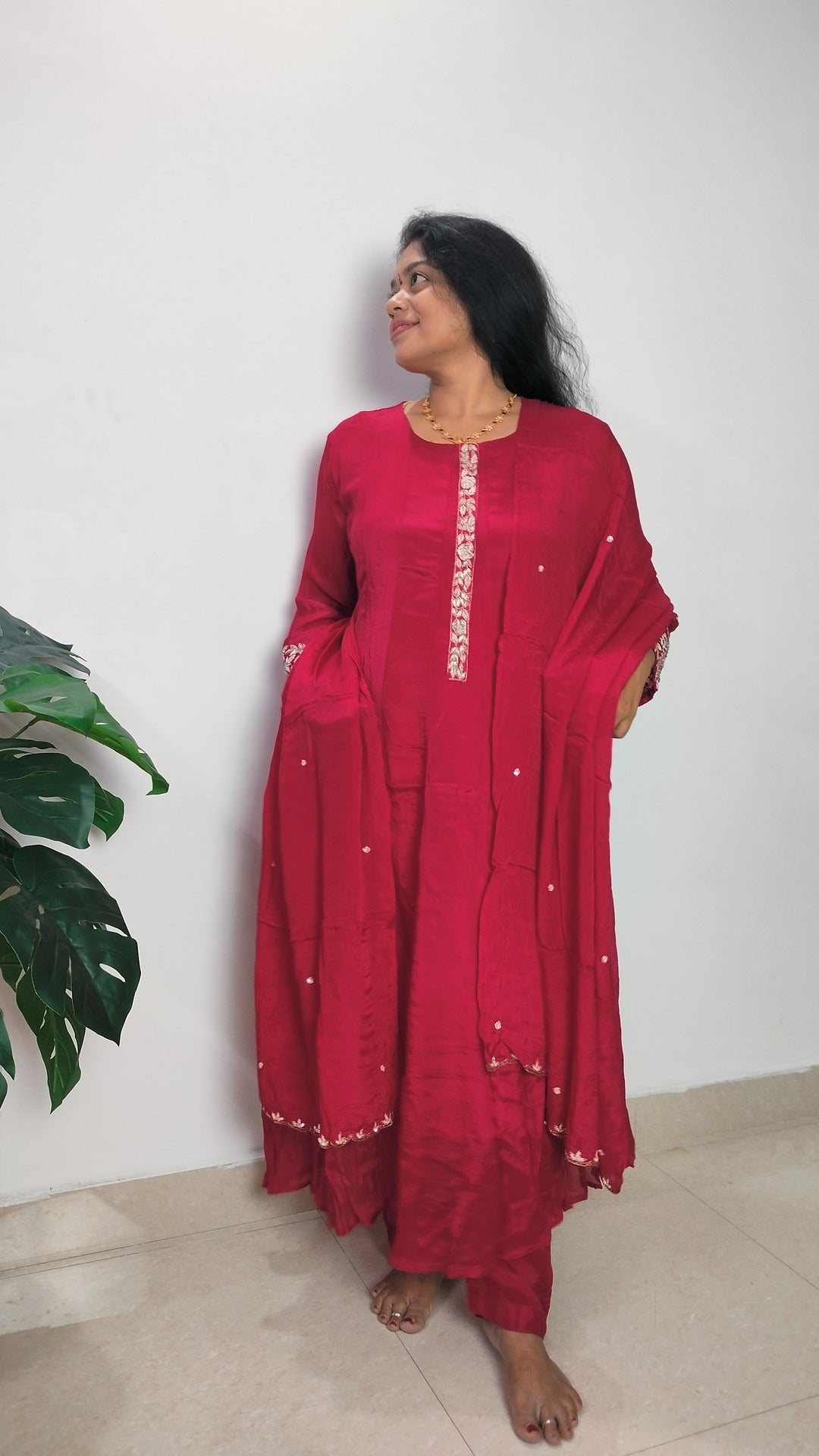 Dark Pink color pure Chinon 3 piece Anarkali suit set