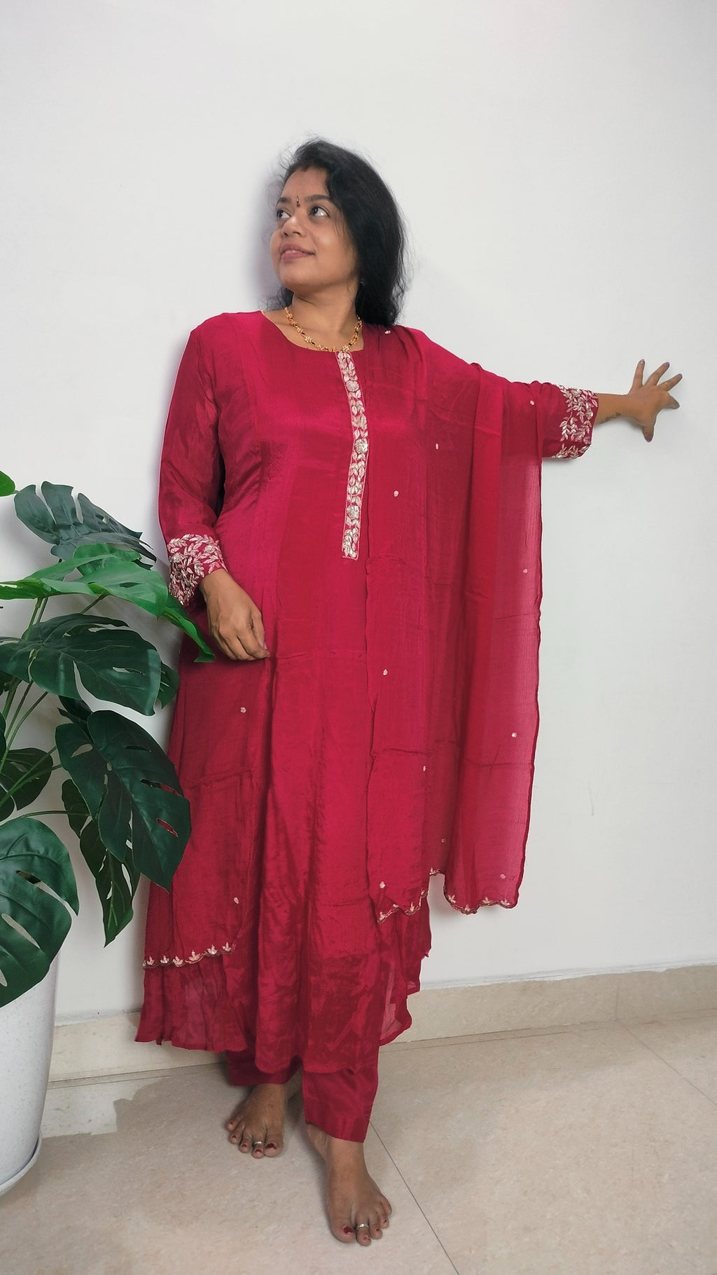 Dark Pink color pure Chinon 3 piece Anarkali suit set