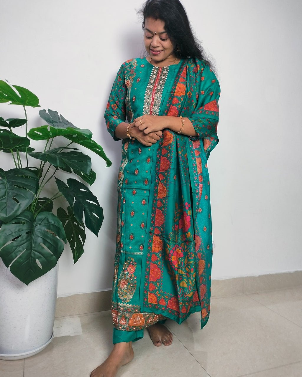 Deep sea green colour jacquard silk straight cut 3-piece suit set