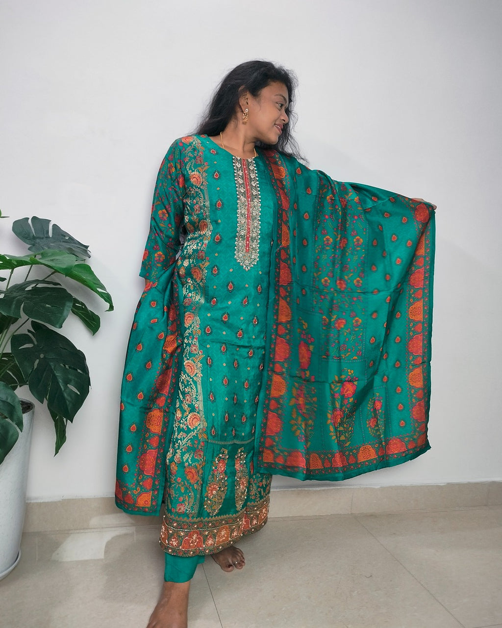 Deep sea green colour jacquard silk straight cut 3-piece suit set