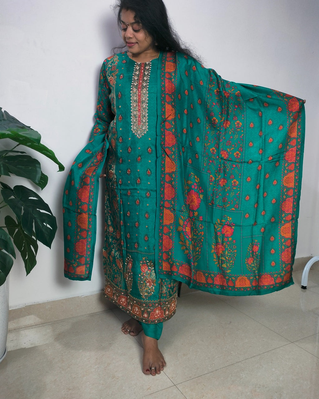 Deep sea green colour jacquard silk straight cut 3-piece suit set