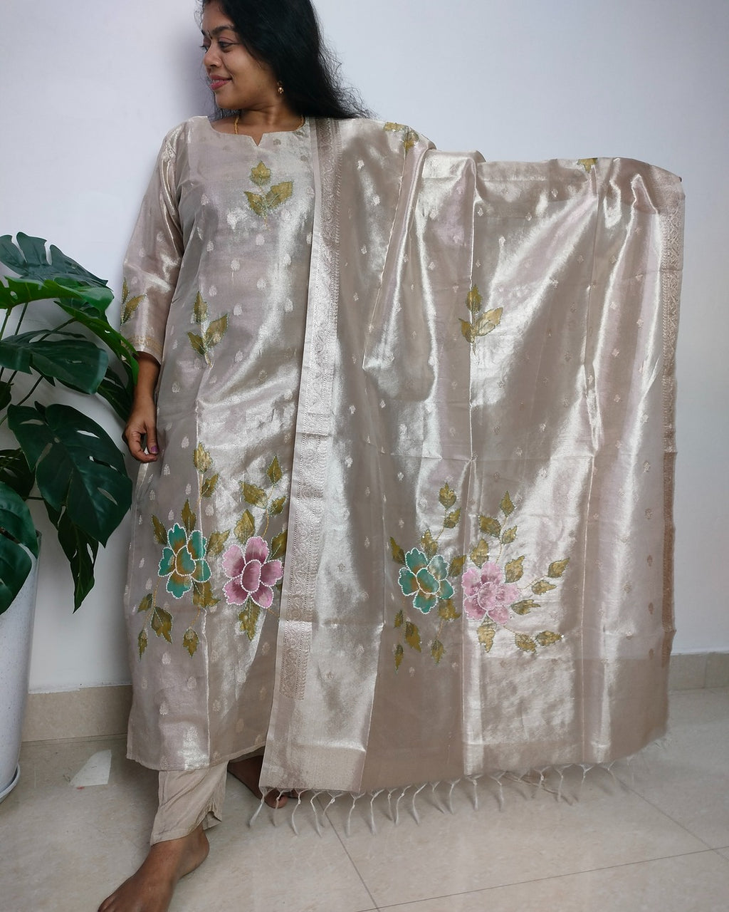 Tissue straight cut 3-piece kurti set