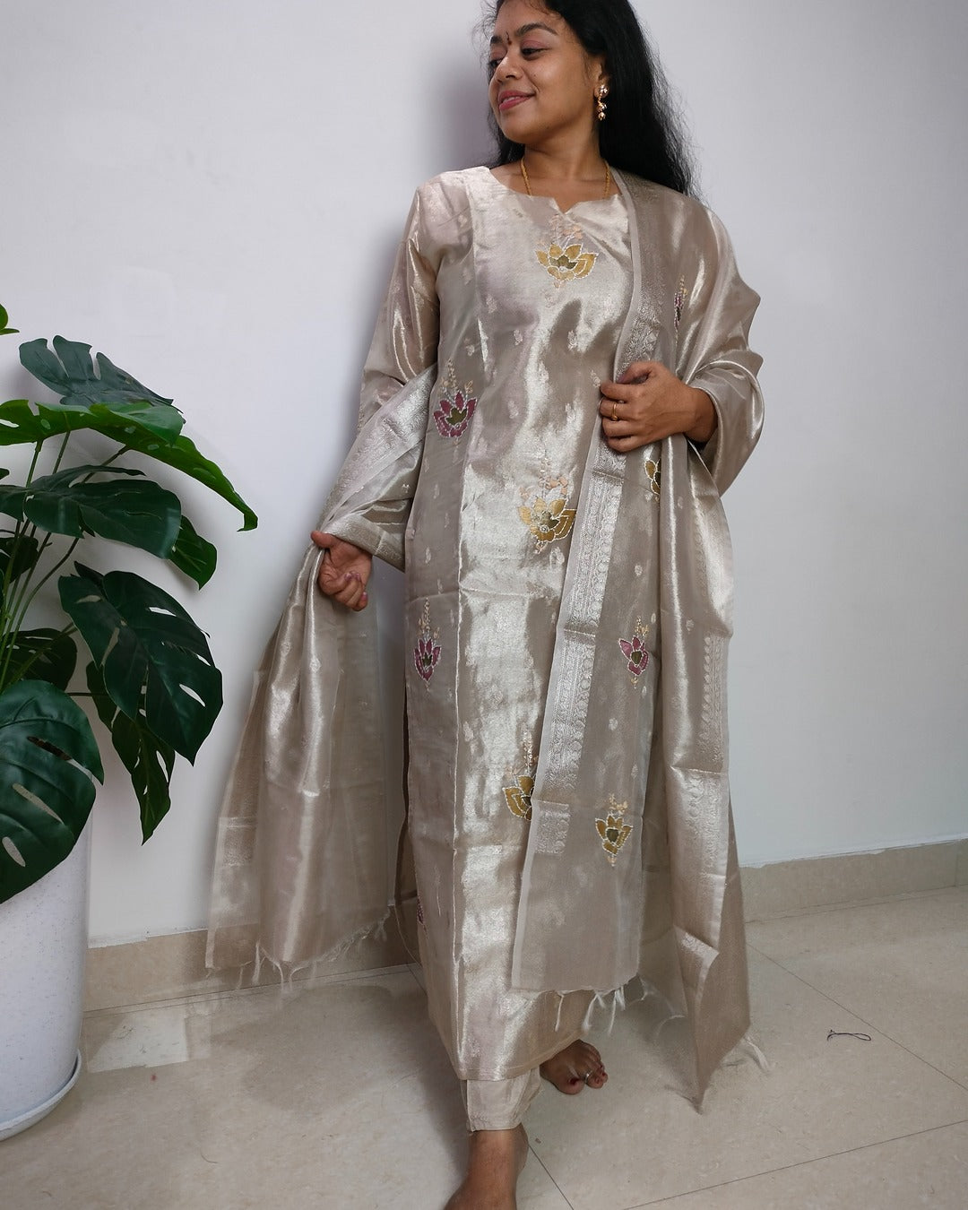 Light golden colour Tissue straight cut 3-piece kurti set