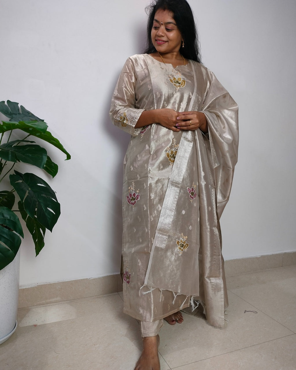 Light golden colour Tissue straight cut 3-piece kurti set