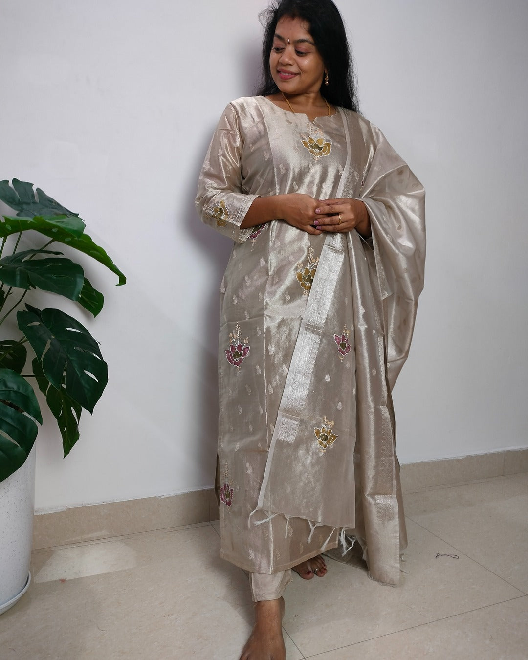 Light golden colour Tissue straight cut 3-piece kurti set