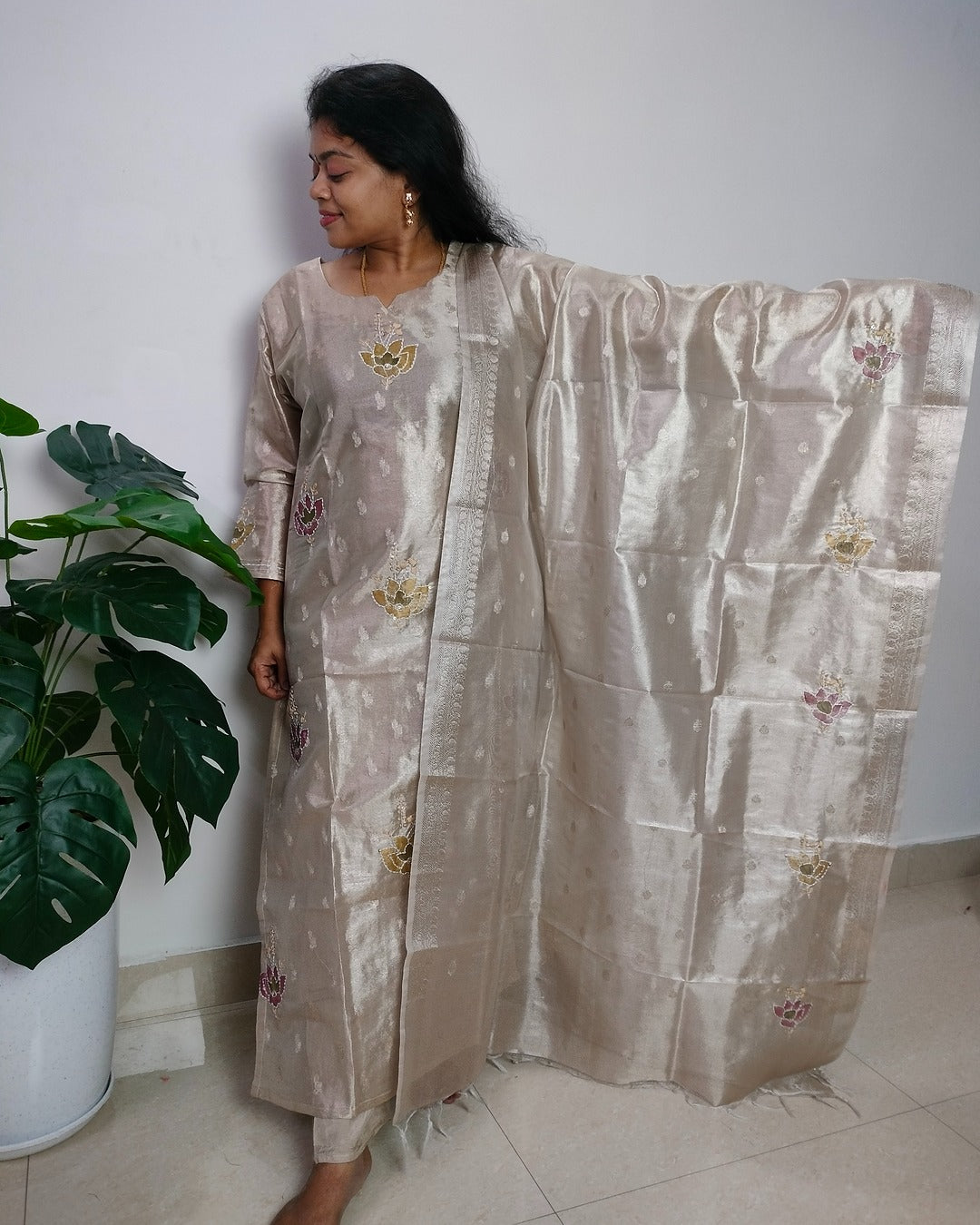 Light golden colour Tissue straight cut 3-piece kurti set