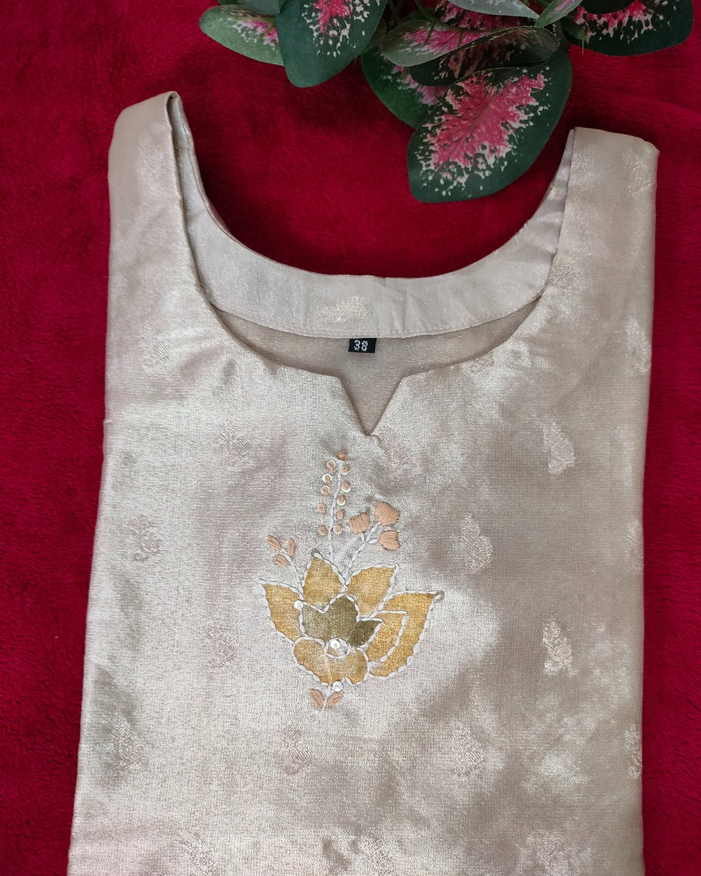 Light golden colour Tissue straight cut 3-piece kurti set