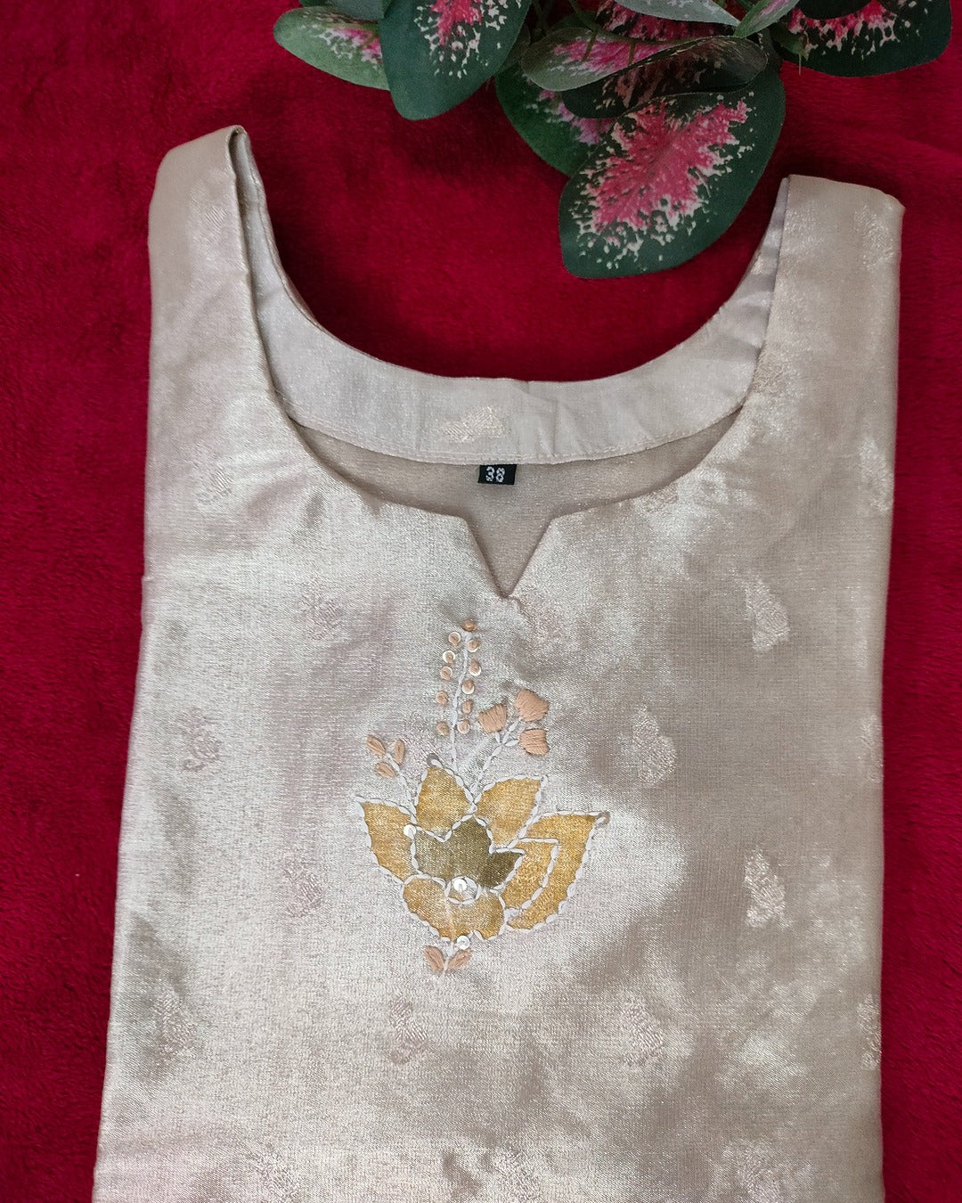 Light golden colour Tissue straight cut 3-piece kurti set