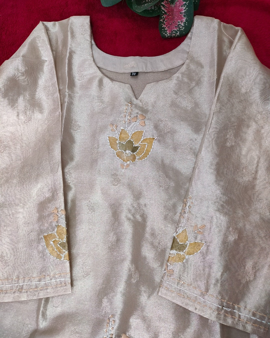 Light golden colour Tissue straight cut 3-piece kurti set