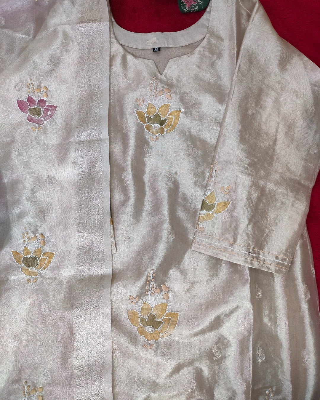 Light golden colour Tissue straight cut 3-piece kurti set