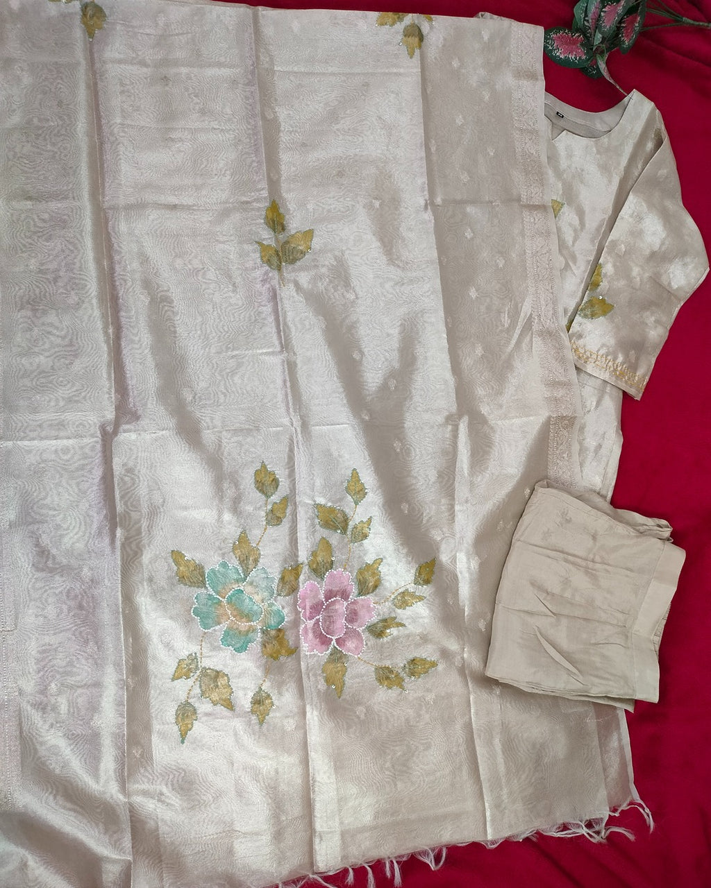 Tissue straight cut 3-piece kurti set