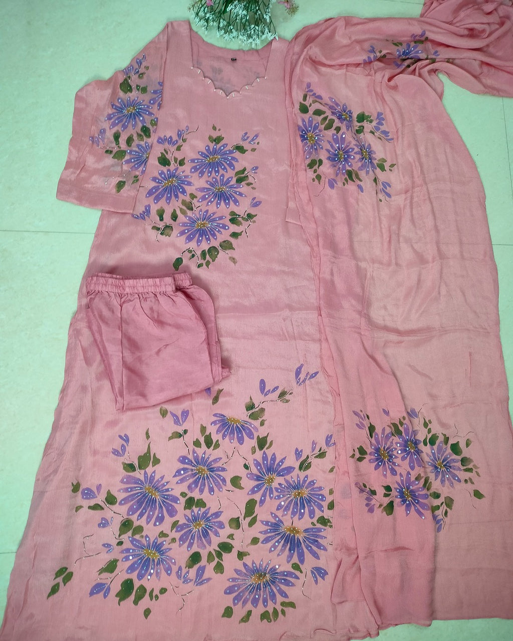 Pure Chinon 3 piece A-line kurthi set