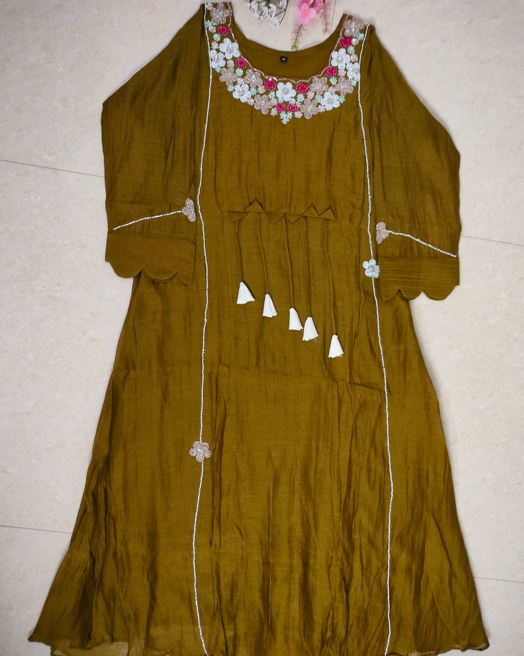 Mulchanderi rich dark mehindi green color 3 piece A-line kurthi set