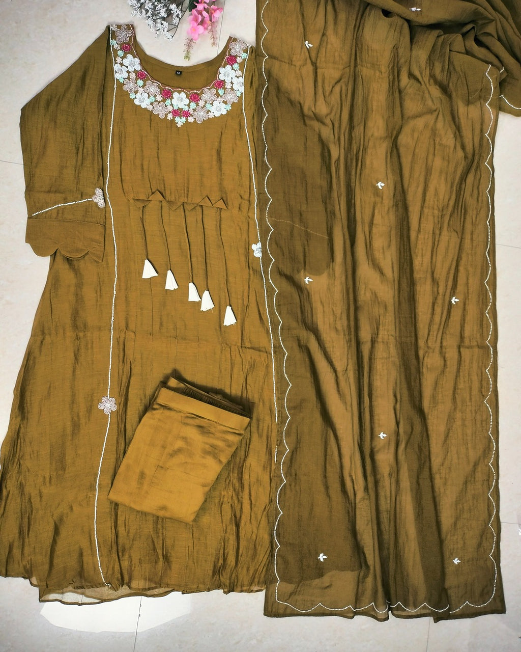 Mulchanderi rich dark mehindi green color 3 piece A-line kurthi set