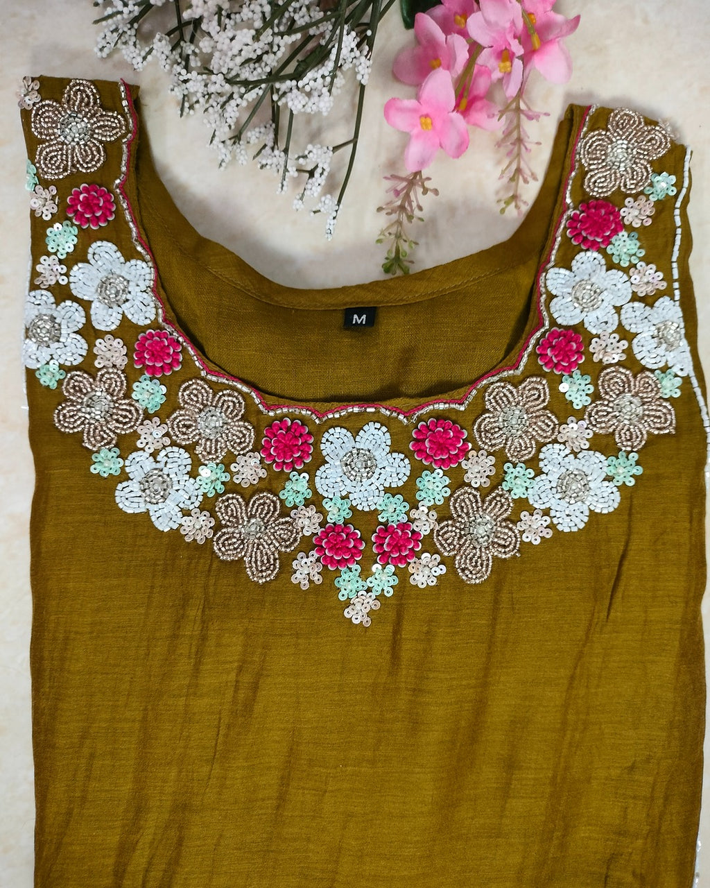 Mulchanderi rich dark mehindi green color 3 piece A-line kurthi set