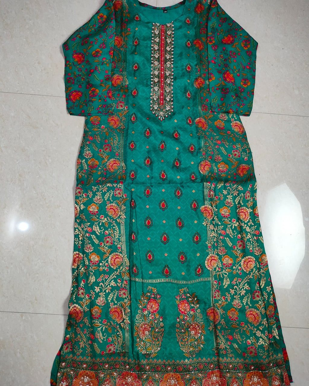 Deep sea green colour jacquard silk straight cut 3-piece suit set