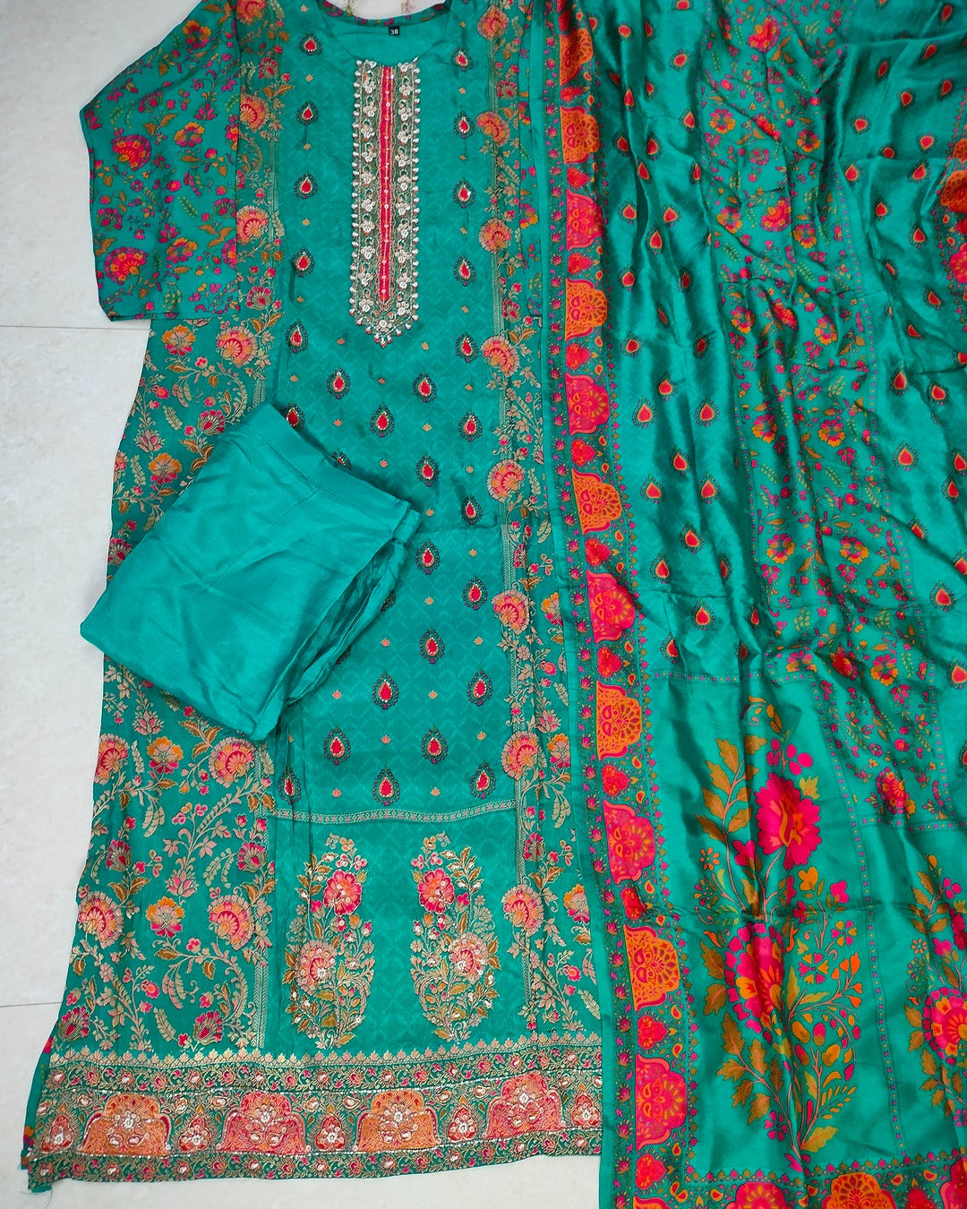 Deep sea green colour jacquard silk straight cut 3-piece suit set