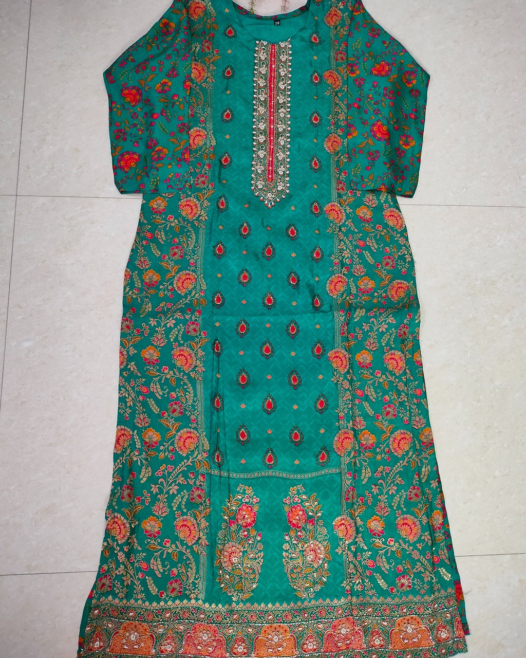 Deep sea green colour jacquard silk straight cut 3-piece suit set