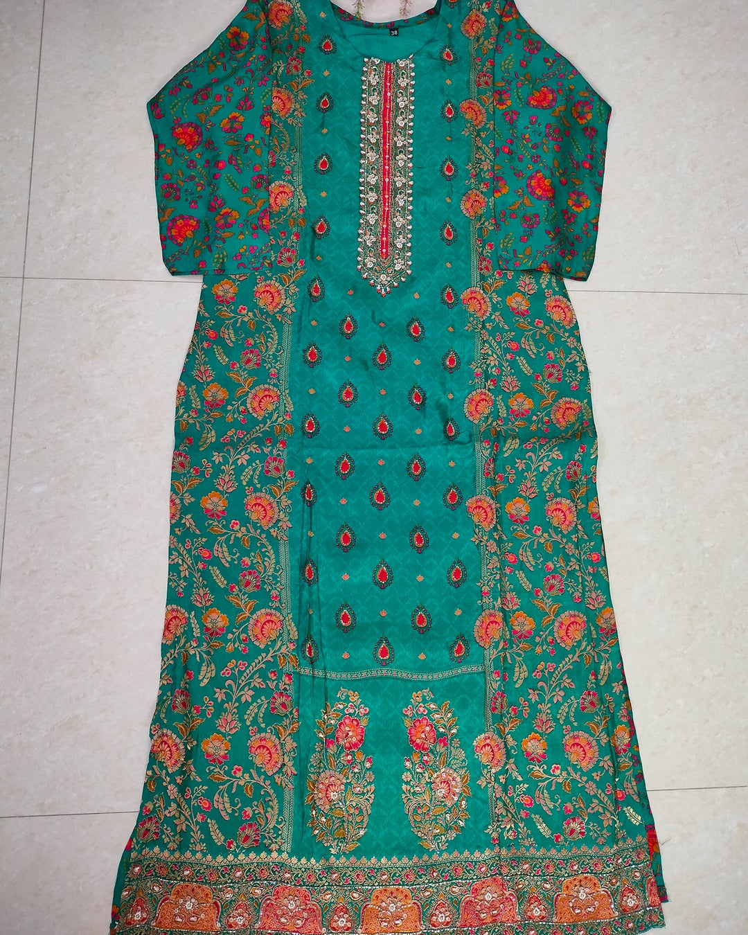 Deep sea green colour jacquard silk straight cut 3-piece suit set