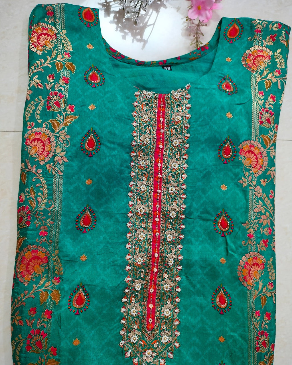 Deep sea green colour jacquard silk straight cut 3-piece suit set