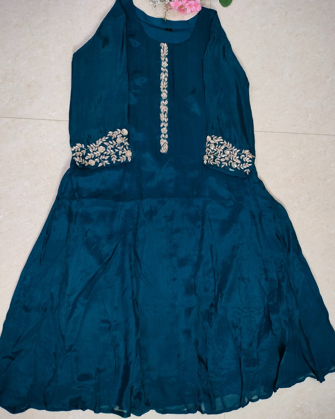 Teal color pure Chinon 3 piece Anarkali suit set