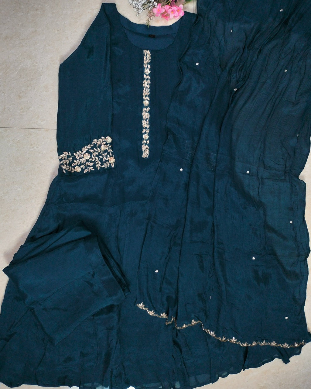 Teal color pure Chinon 3 piece Anarkali suit set