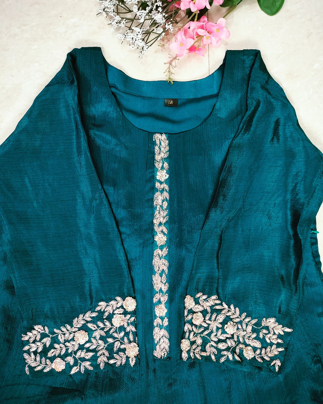 Teal color pure Chinon 3 piece Anarkali suit set