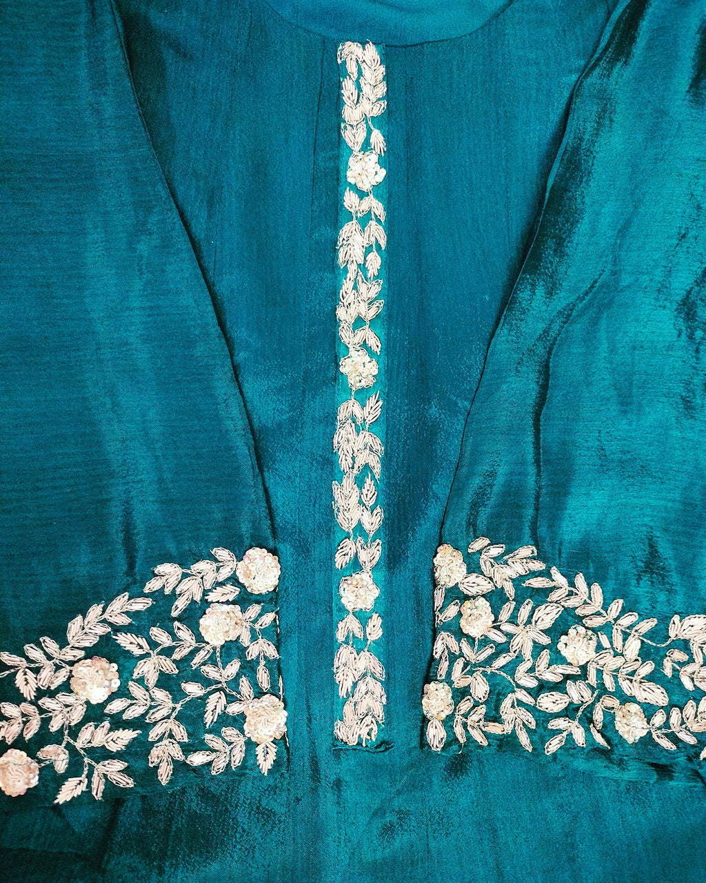 Teal color pure Chinon 3 piece Anarkali suit set