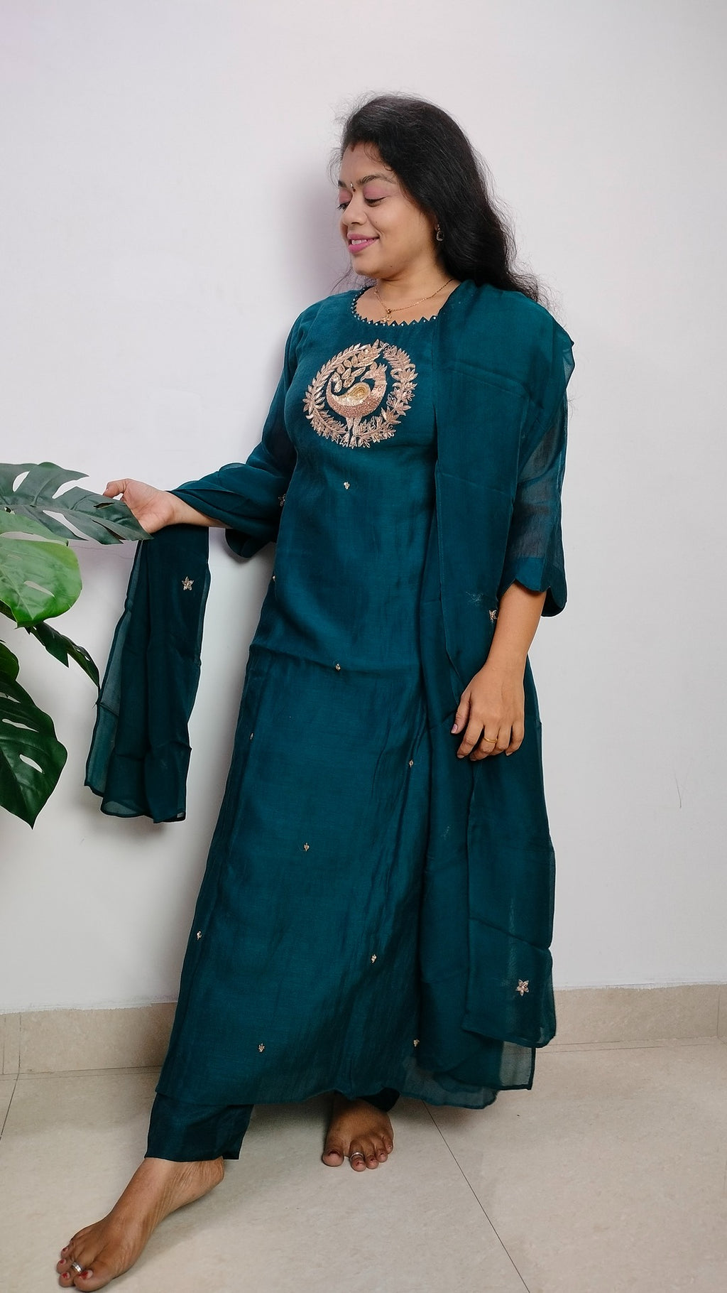 Mulchanderi rich teal color 3 piece A-line kurthi set