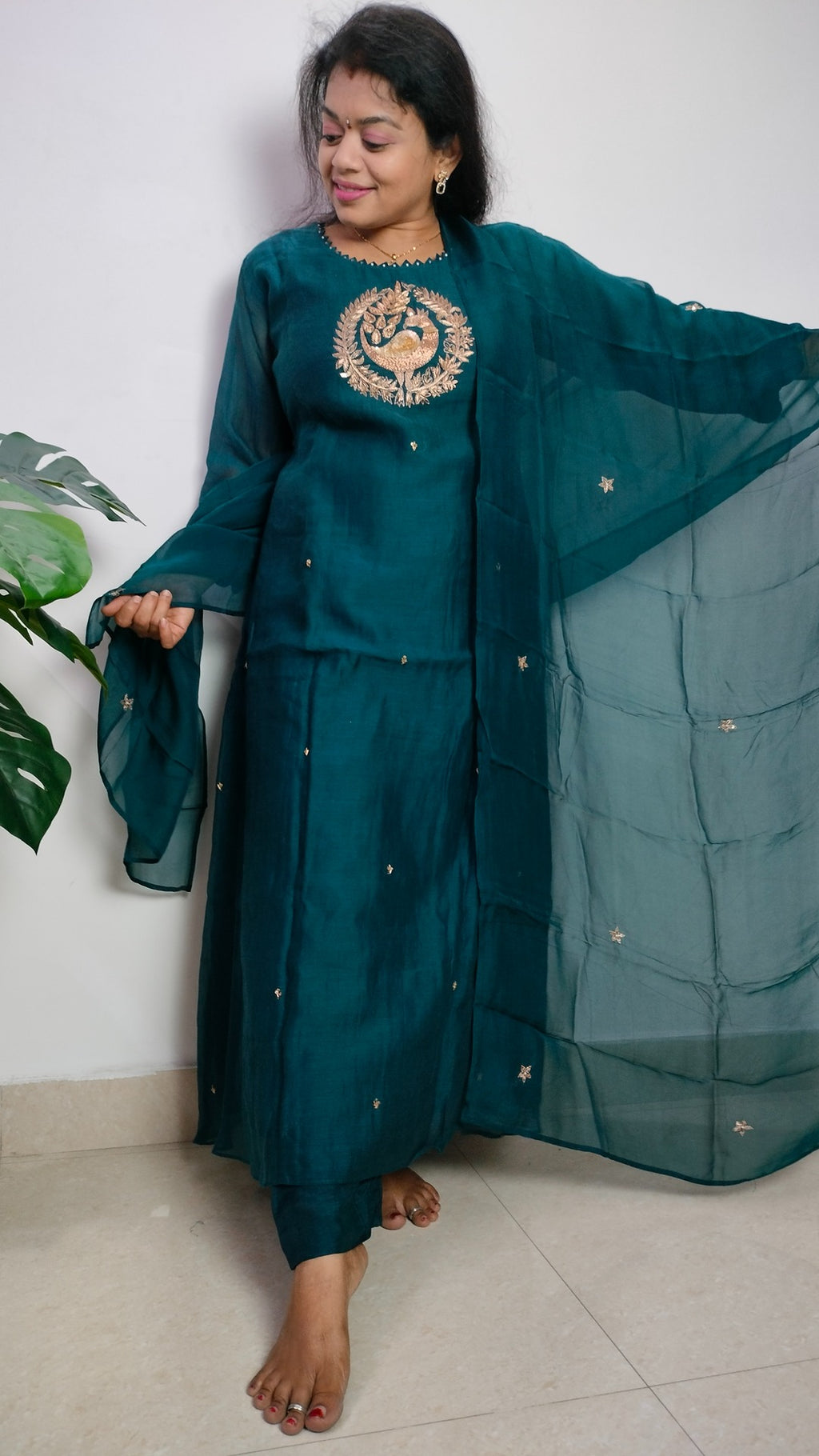 Mulchanderi rich teal color 3 piece A-line kurthi set