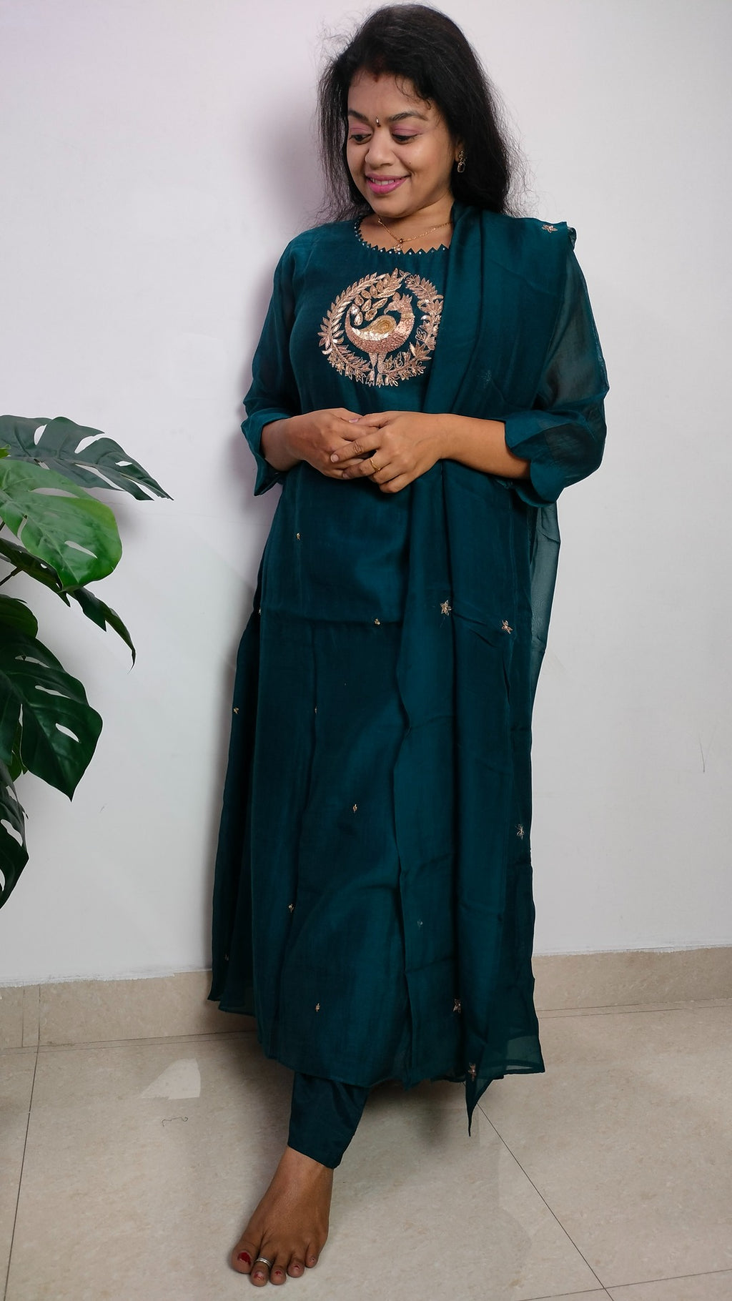 Mulchanderi rich teal color 3 piece A-line kurthi set