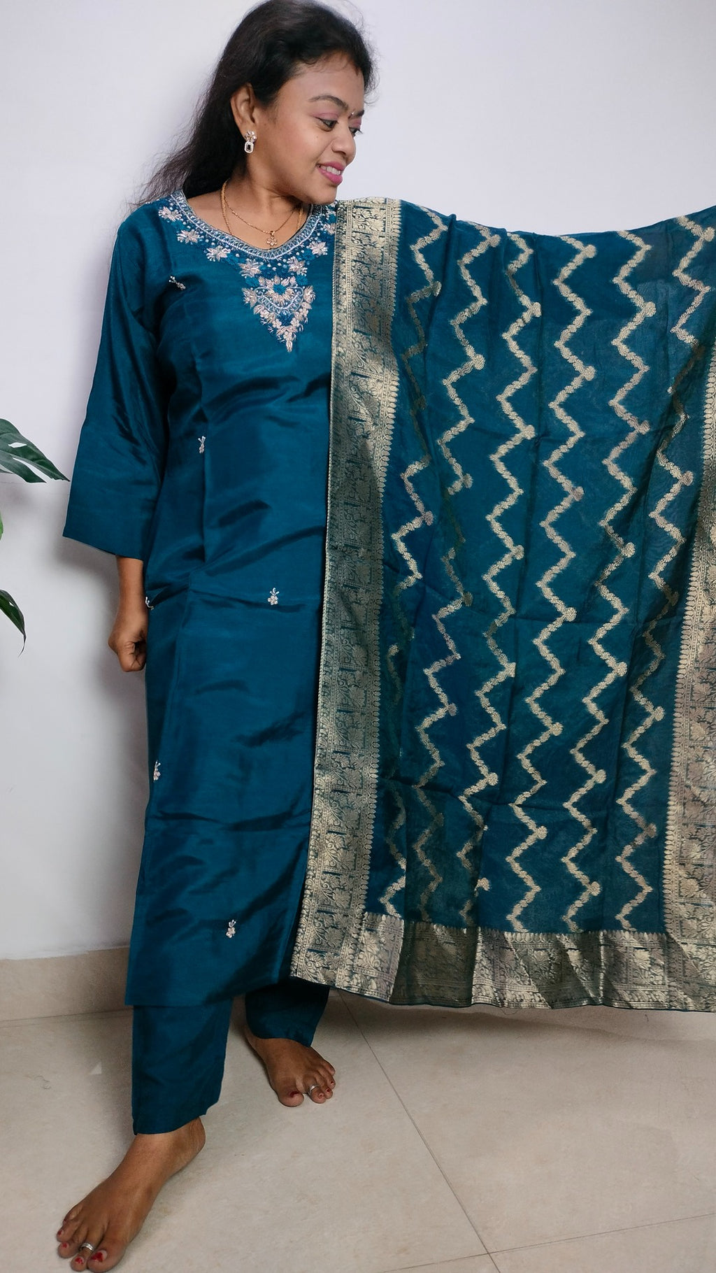 Teal dola silk straight cut 3 piece suit set