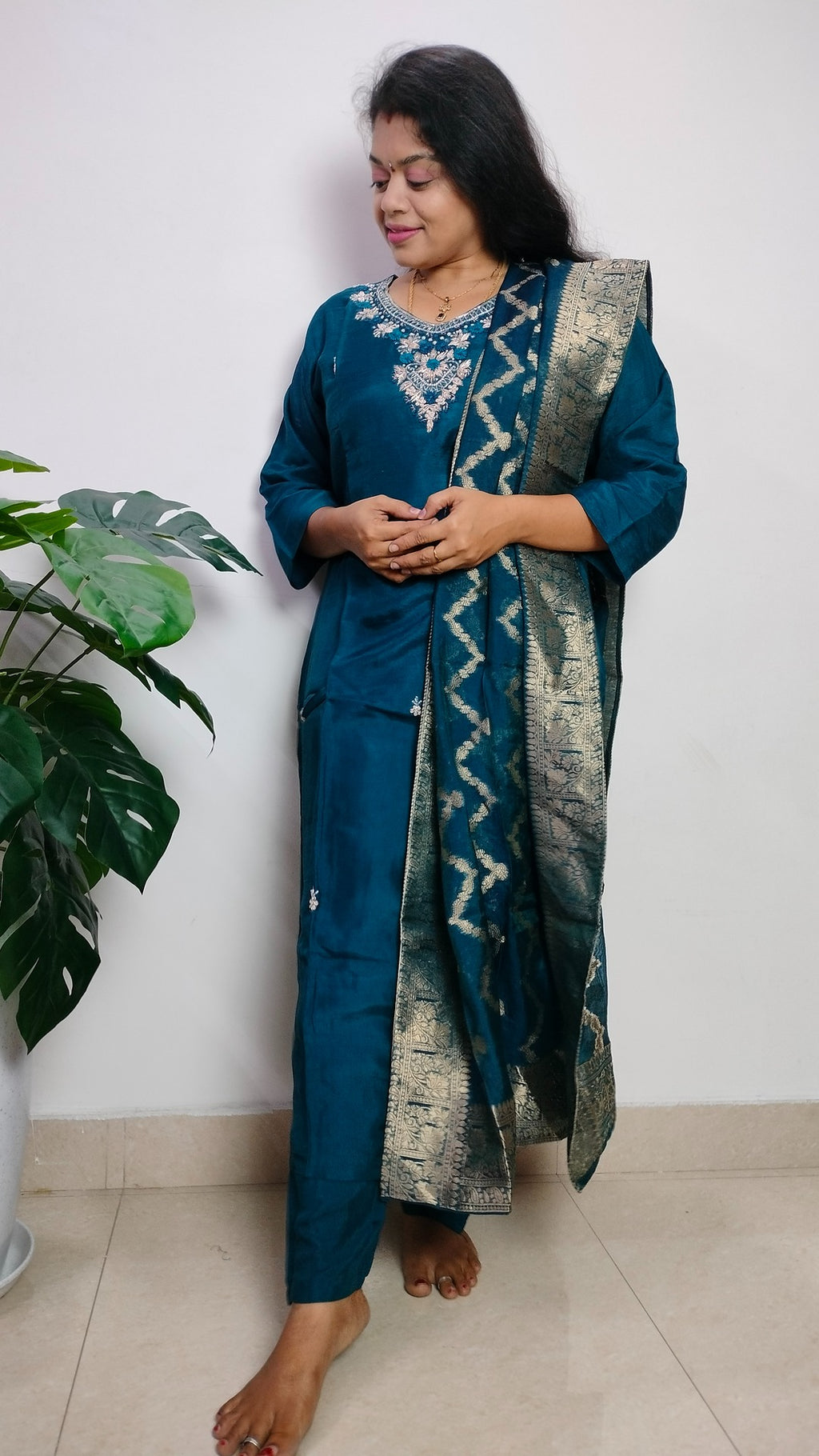 Teal dola silk straight cut 3 piece suit set