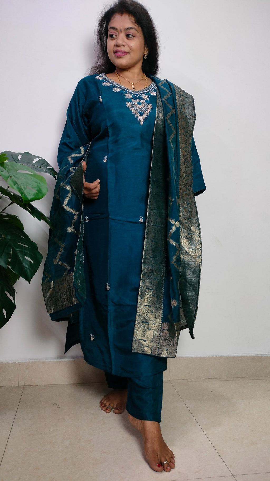 Teal dola silk straight cut 3 piece suit set