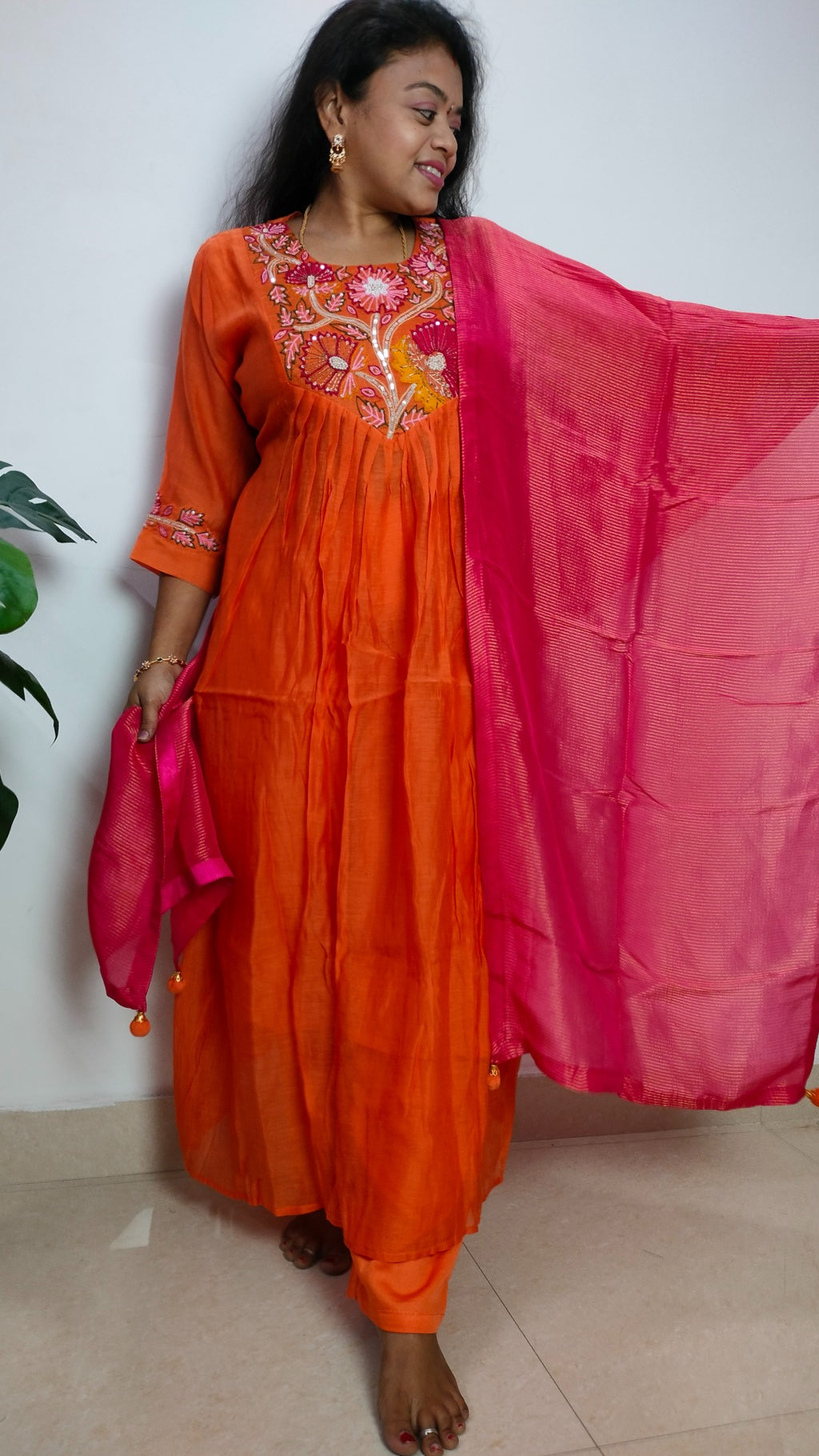 Mulchanderi Orange color 3 piece A-line kurthi set