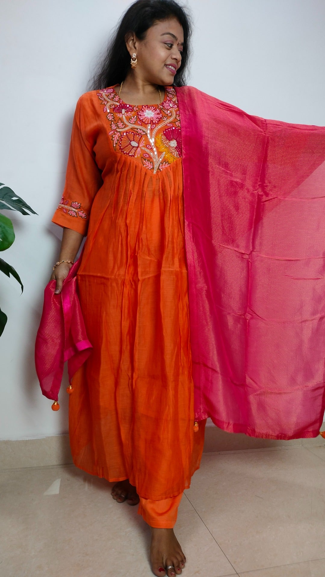 Mulchanderi Orange color 3 piece A-line kurthi set