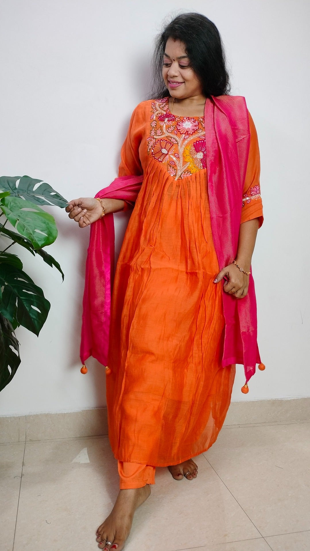 Mulchanderi Orange color 3 piece A-line kurthi set