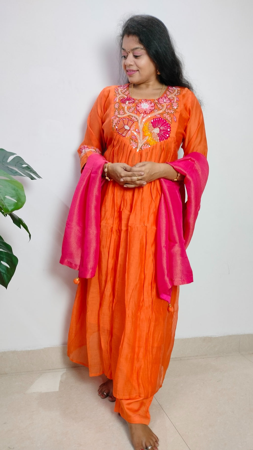 Mulchanderi Orange color 3 piece A-line kurthi set