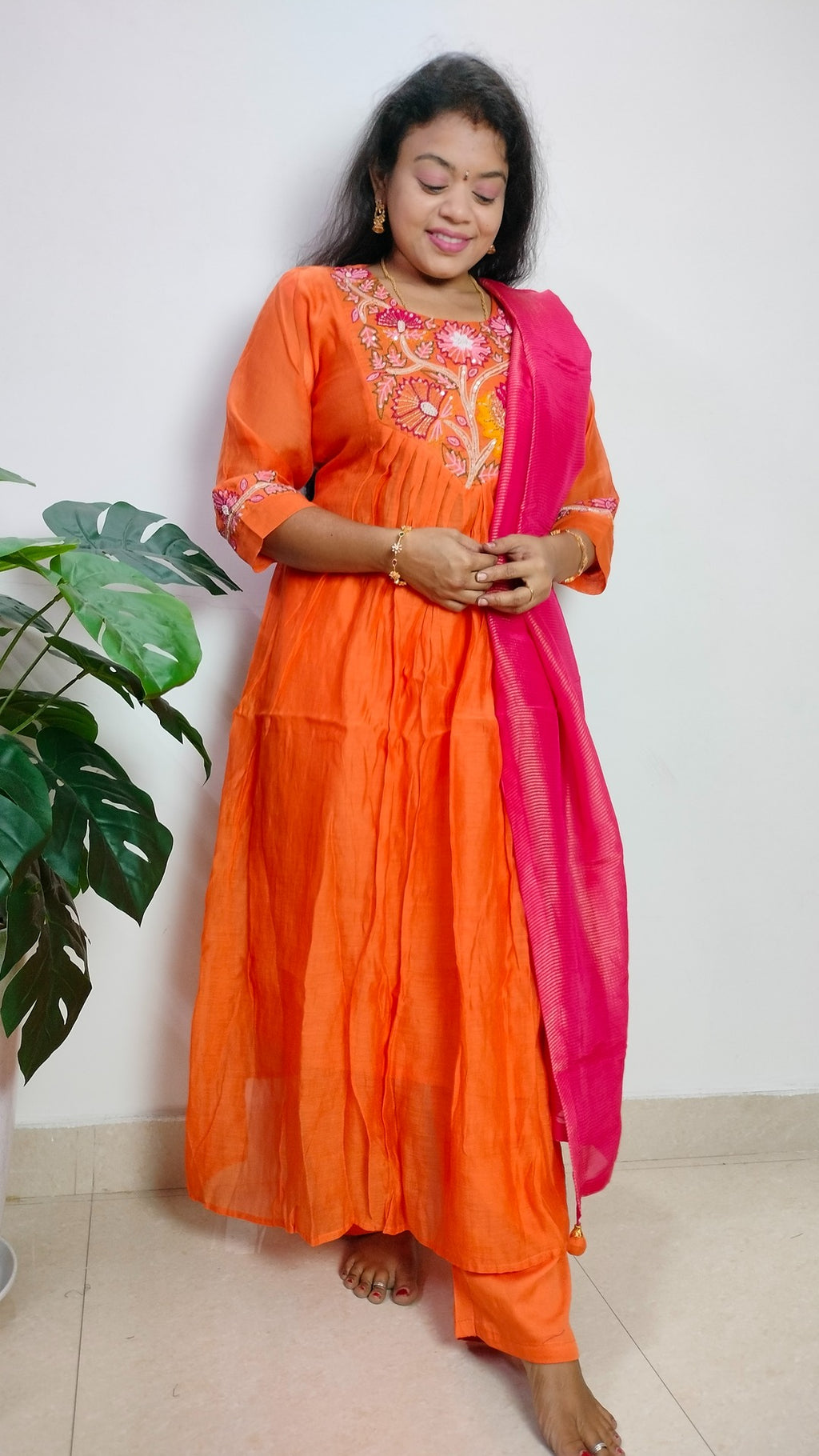 Mulchanderi Orange color 3 piece A-line kurthi set