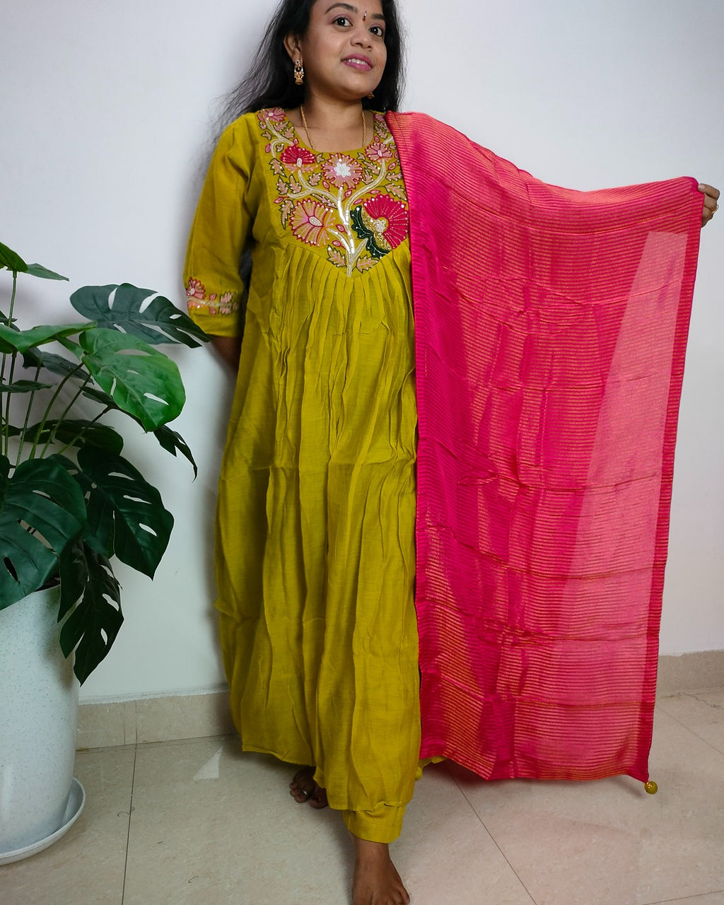 Mulchanderi parrot green color 3 piece A-line kurthi set