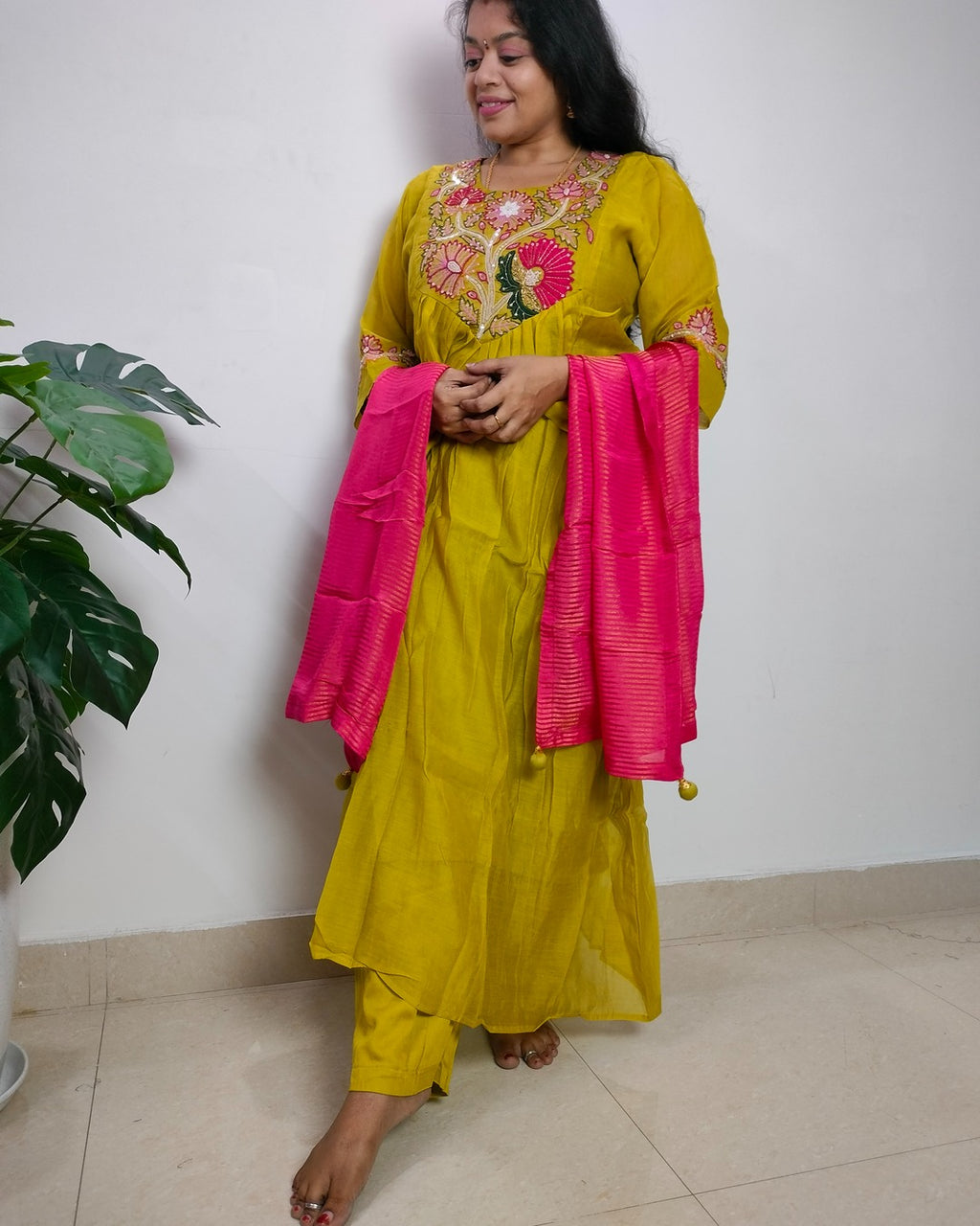 Mulchanderi parrot green color 3 piece A-line kurthi set