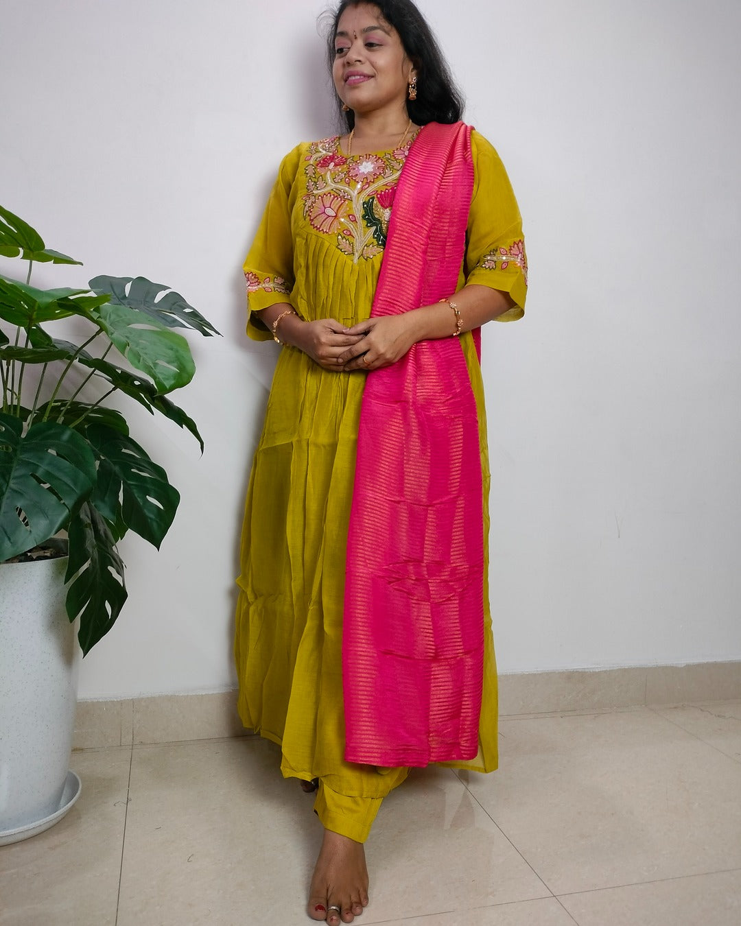 Mulchanderi parrot green color 3 piece A-line kurthi set