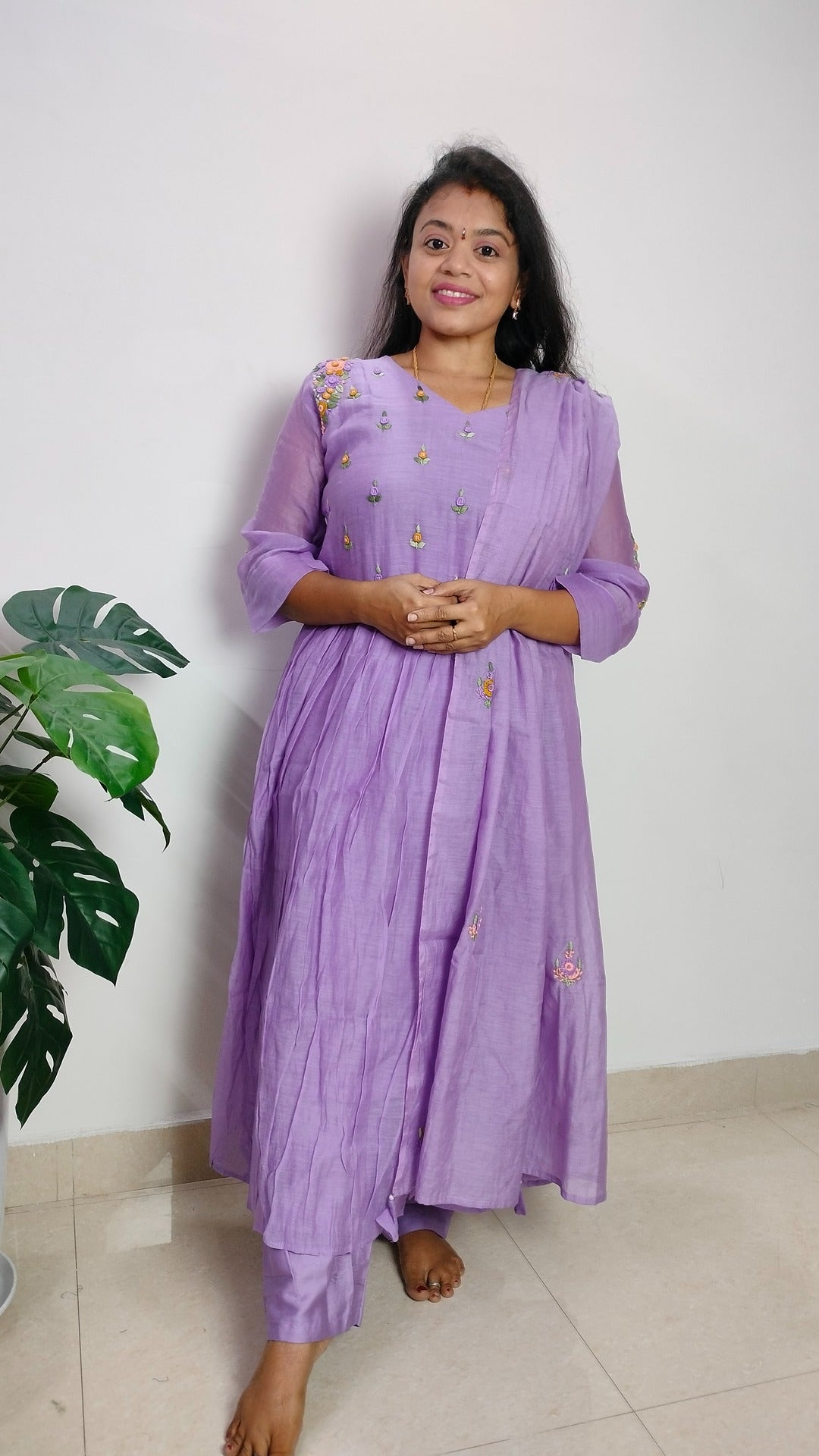 Mulchanderi lilac color 3 piece kurthi set